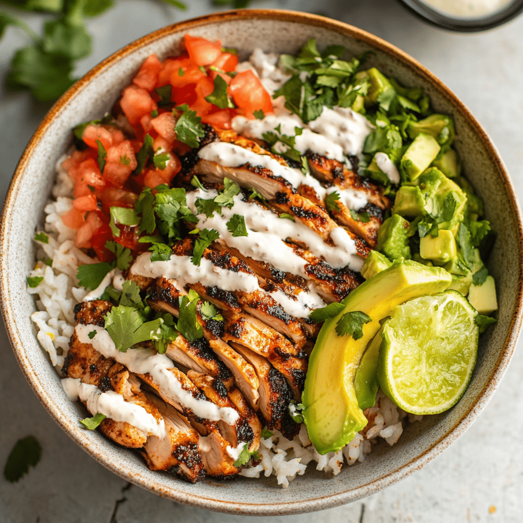 Served blackened chicken burrito bowl with toppings blackened-chicken-burrito-bowl-serving